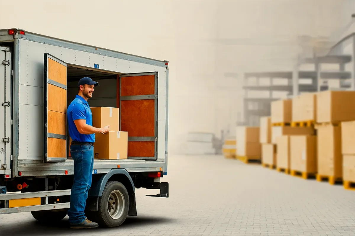 A driver holding cartons beside a box truck with its rear doors open