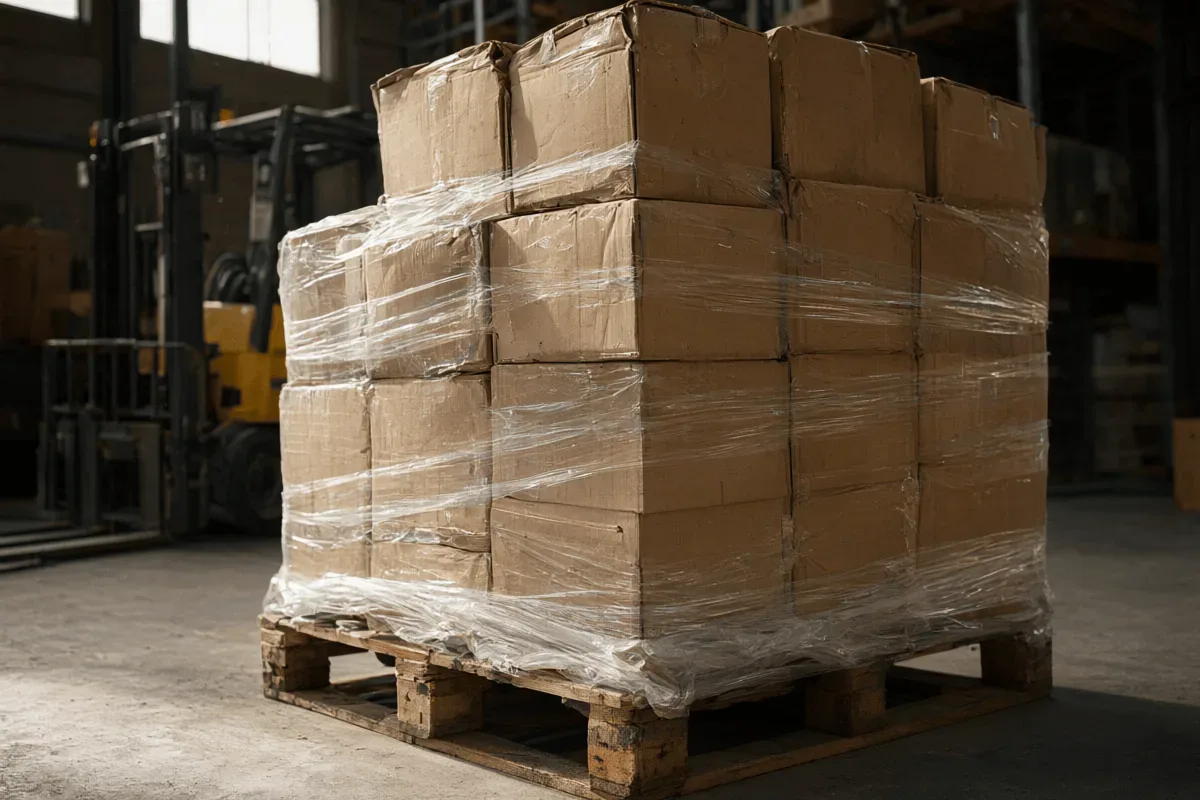 Cartons stacked and stretch-wrapped on a pallet in a consolidation warehouse