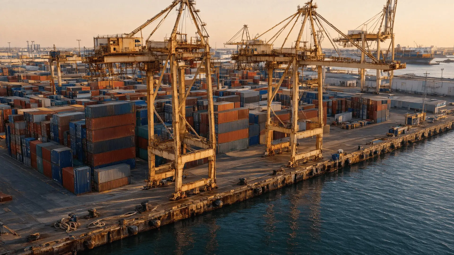 Container port at dusk seen from above, gantry cranes and container stacks along the waterfront